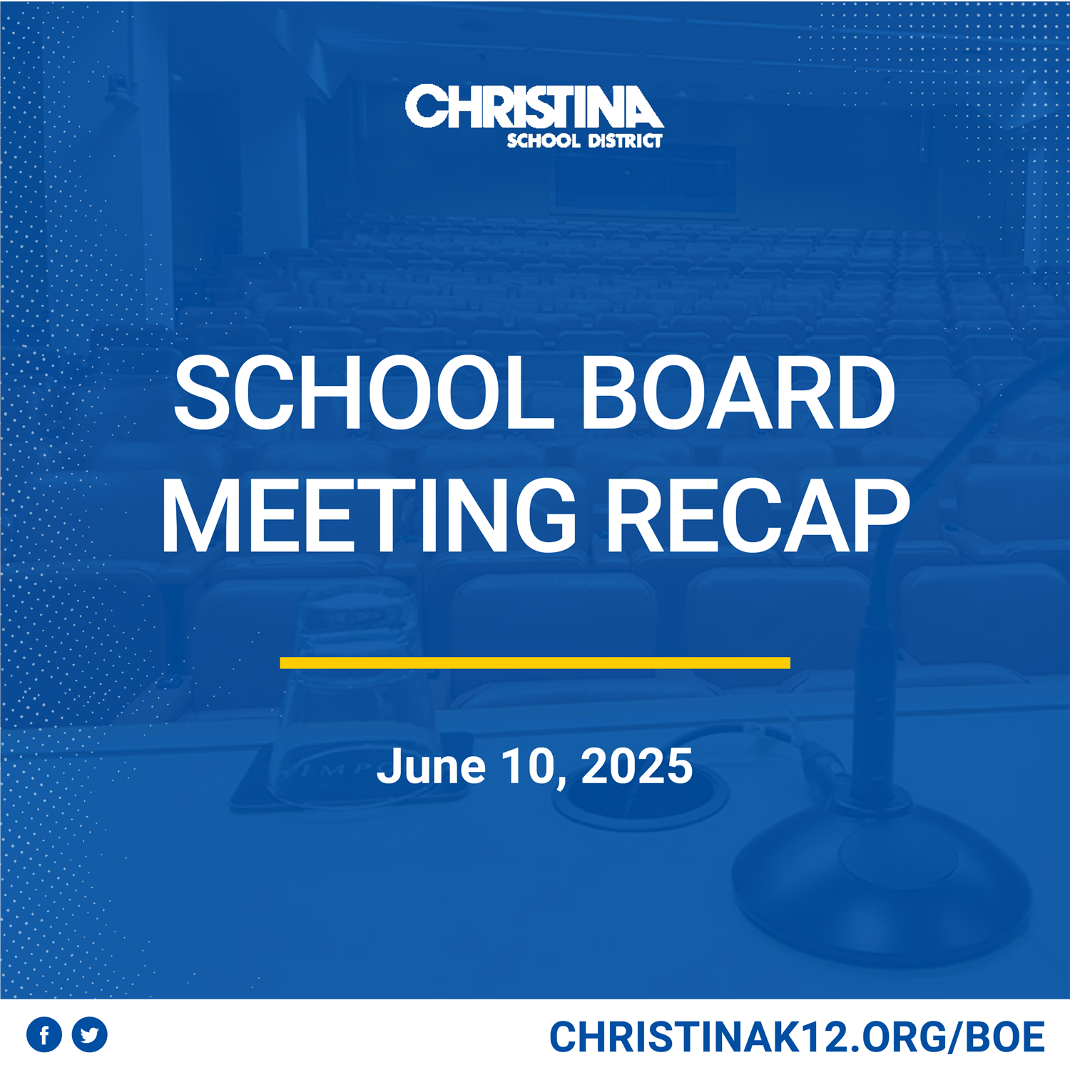 Christina BOE Meeting Recap - Blue graphic with white text