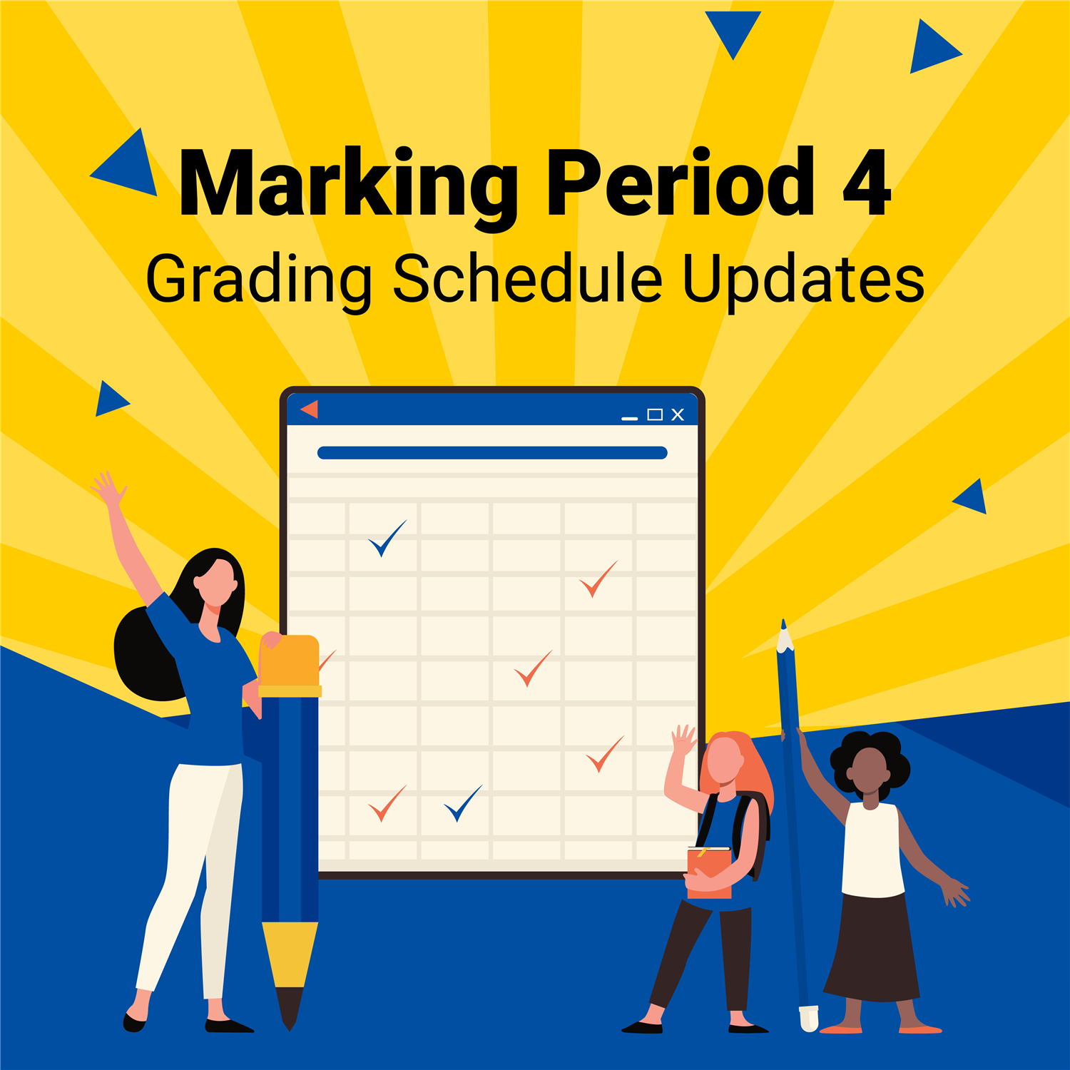  Yellow and blue graphic with a calendar and characters