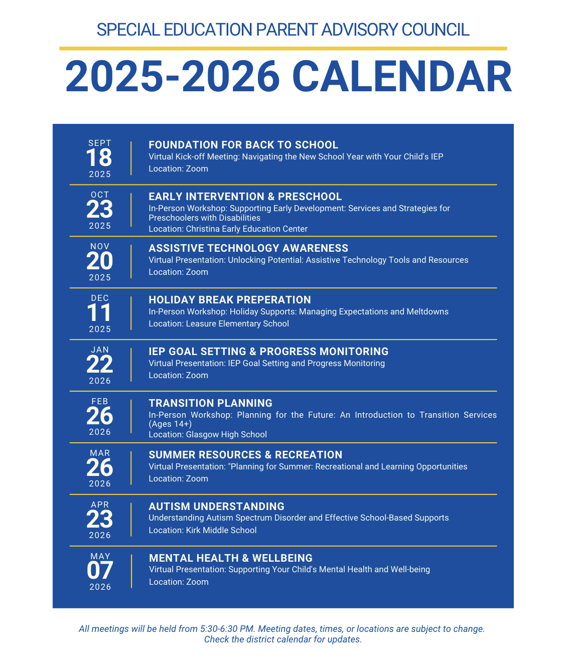 2025-2025 Special Education Parent Advisory Council meeting dates